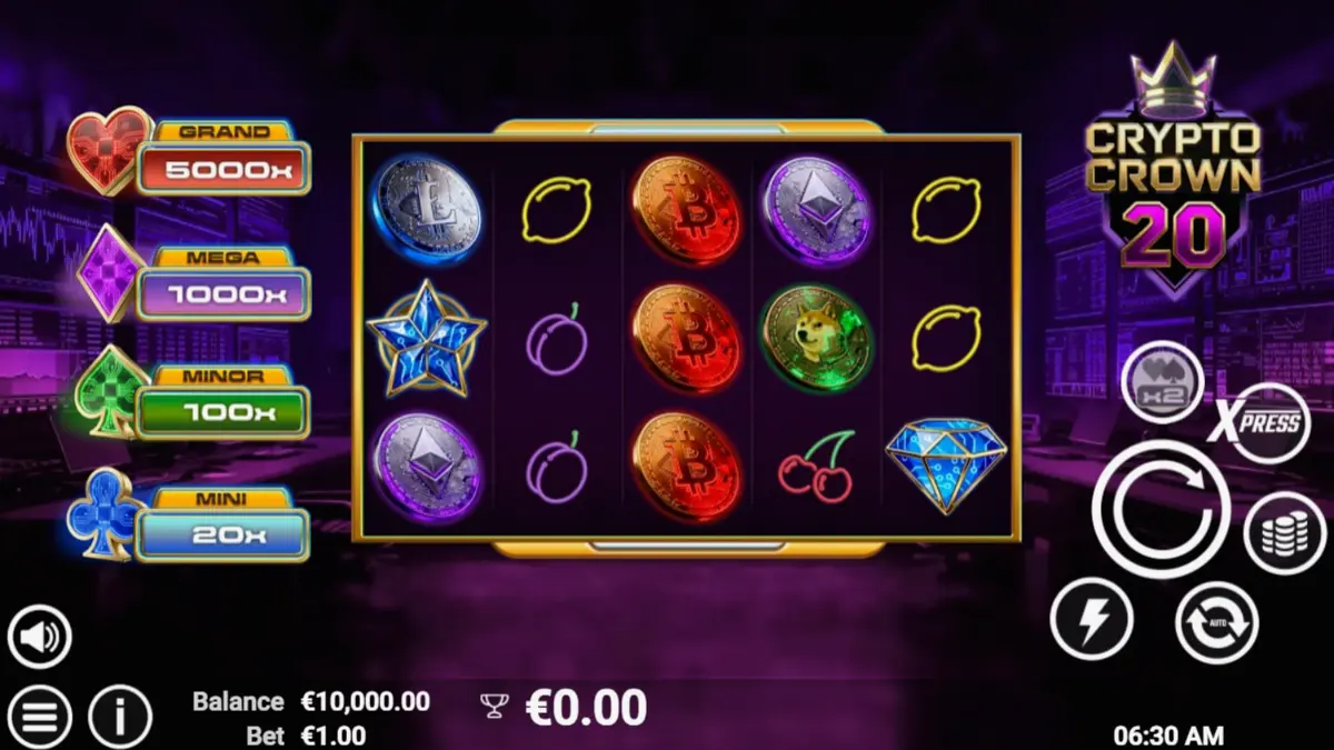 Tampilan antarmuka slot Crypto Crown 20 dengan simbol neon dan tema kripto.
