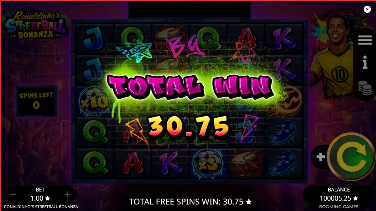 Tampilan visual slot Ronaldinho’s Streetball Bonanza dengan elemen sepak bola jalanan dan neon.