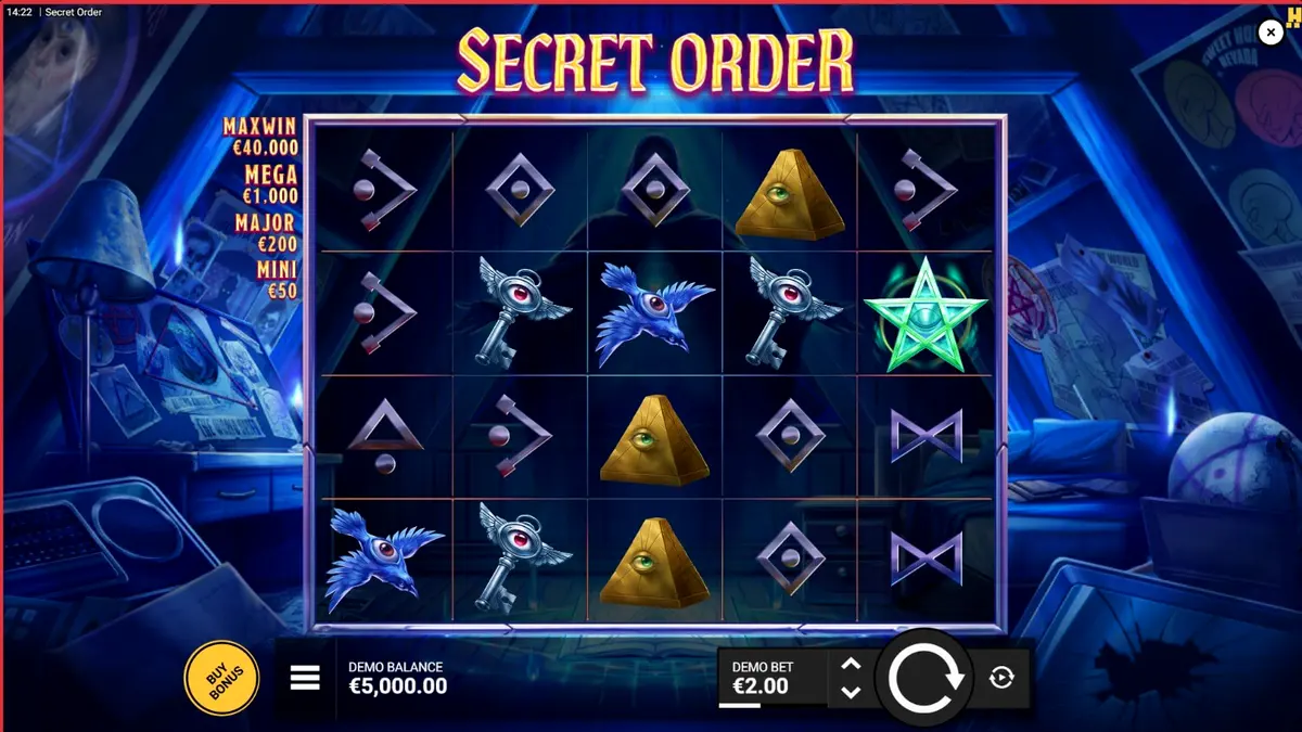 Tampilan visual slot Secret Order dengan tema okultisme dan simbol kuno.