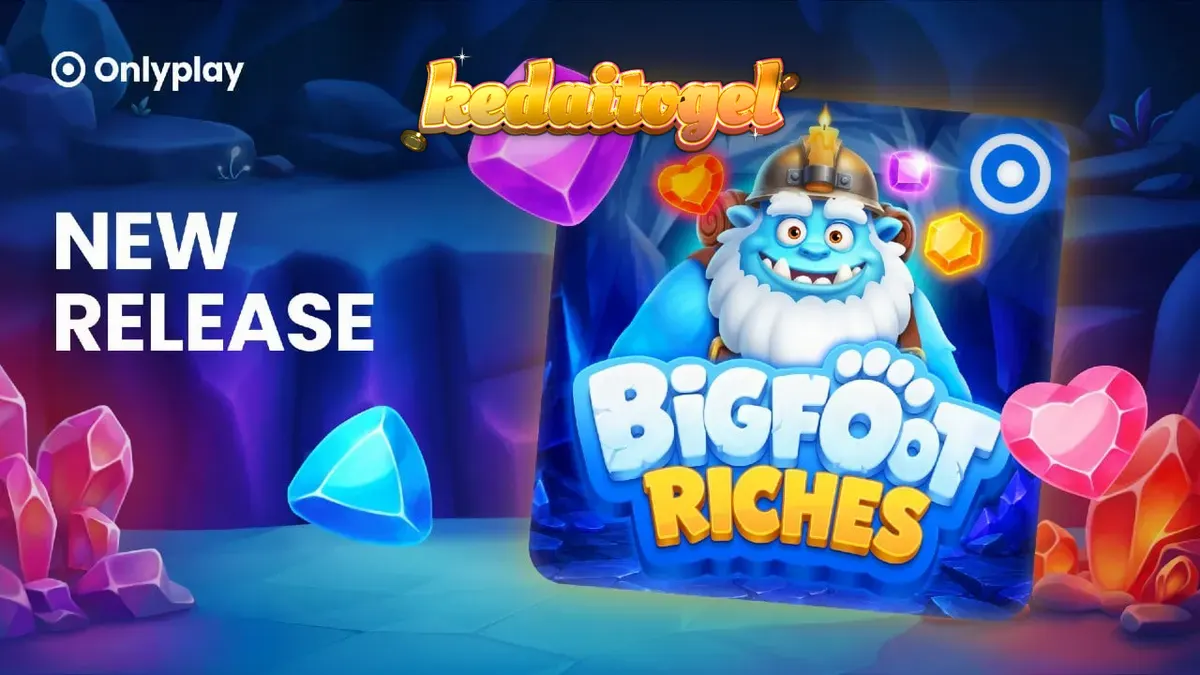 Pemandangan musim dingin dalam slot Bigfoot Riches dengan elemen kristal dan hutan salju.